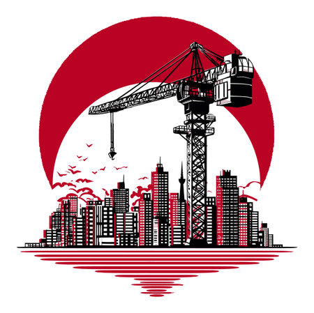 This abstract illustration showcases a construction crane over a modern city skyline, highlighted against a red sun backdrop. Perfect for urban development themes.のイラスト素材