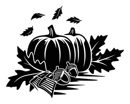 This vintage engraving features pumpkins surrounded by autumn leaves and acorns, embodying the essence of fall. Ideal for seasonal decoration and festive themes.のイラスト素材