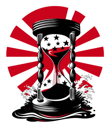 This striking abstract illustration features an hourglass against a vibrant red backdrop, symbolizing the passage of time with bold stars and dynamic waves.のイラスト素材