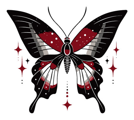 Discover a stunning abstract butterfly illustration featuring bold red and black colors, perfect for digital designs, prints, and artistic projects.のイラスト素材