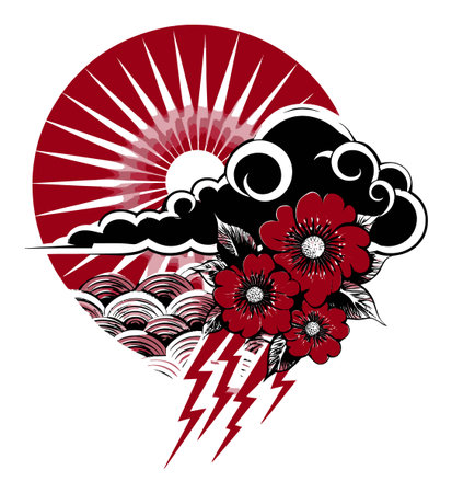 This striking illustration features bold red flowers intertwined with dynamic clouds and lightning, capturing a sense of movement and energy in an abstract style.のイラスト素材