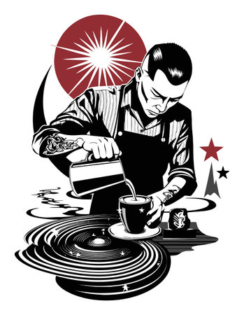 A detailed black and white illustration of a barista pouring coffee, capturing the artistry and motion. This modern graphic emphasizes creativity in beverage preparation.のイラスト素材