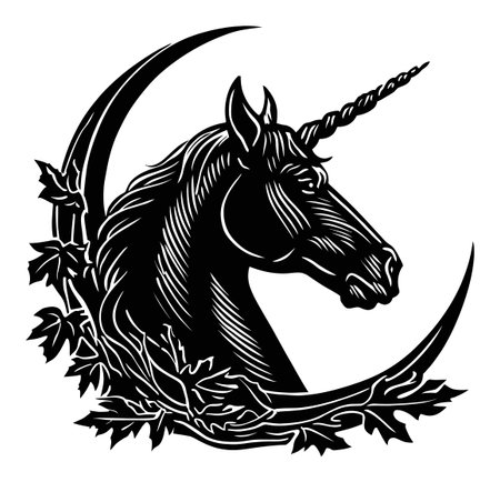 This striking engraving features a graceful unicorn's head encircled by a crescent moon and delicate leaves, perfect for fantasy art enthusiasts.のイラスト素材