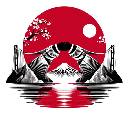 A striking abstract illustration depicting two hands uniting under a bold red sun, featuring cherry blossoms and a mountain backdrop, symbolizing harmony and connection.のイラスト素材