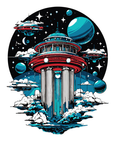 Intricate illustration of a futuristic space station in silhouette, surrounded by planets and UFOs, creating a vibrant cosmic atmosphere. Perfect for science fiction enthusiasts.のイラスト素材