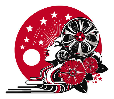 Stunning abstract illustration featuring a woman's profile adorned with flowers and stars, capturing beauty and elegance in a vibrant color palette. Perfect for artistic themes.のイラスト素材