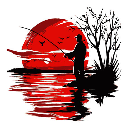 This captivating illustration showcases a tranquil fisherman by a lake at sunset, with a striking red sky and silhouetted trees, creating a serene atmosphere perfect for nature lovers.のイラスト素材