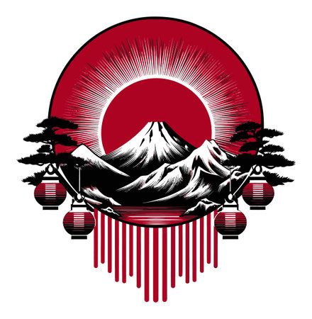 A stunning abstract illustration featuring a red mountain landscape, sunburst rays, and lanterns. This striking design embodies tranquility and cultural richness.のイラスト素材