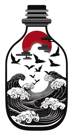 This abstract illustration features waves and birds beautifully enclosed in a bottle design, evoking themes of nature and tranquility with a bold red sun.のイラスト素材