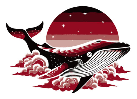 Stunning artistic illustration of a whale swimming against a vivid abstract red landscape, showcasing the beauty of marine life in a dreamlike setting.のイラスト素材