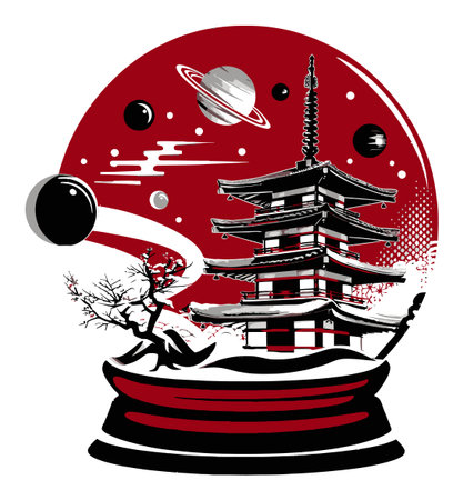 Explore a captivating abstract illustration of a Japanese pagoda surrounded by planets, evoking a serene and harmonious atmosphere in vibrant colors.のイラスト素材