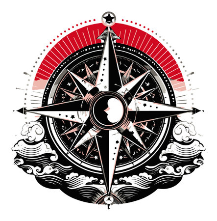 This intricate compass design features abstract red and black elements, showcasing a unique representation of navigation and exploration in a visually striking manner.のイラスト素材