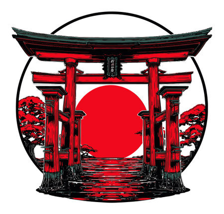 Stunning illustration of a red torii gate silhouette set against a vibrant sun, symbolizing Japanese culture and tranquility. Ideal for various art projects.のイラスト素材