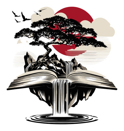 This captivating abstract illustration features an open book with a waterfall and a tree, symbolizing creativity and nature's harmony. Ideal for artistic themes.のイラスト素材
