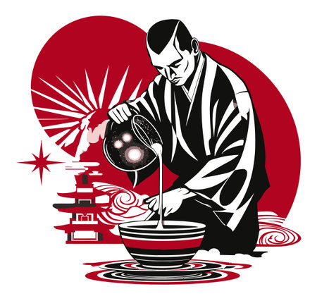 This artwork features a traditional Japanese figure pouring into a bowl, showcasing abstract artistry with red and black hues. Perfect for cultural themes.のイラスト素材