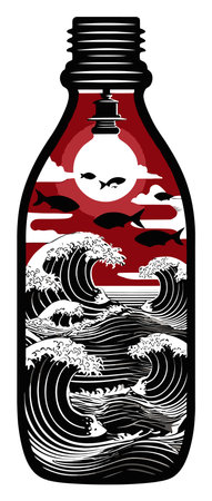 An engaging abstract illustration depicting a bottle filled with dynamic waves and fish. The vibrant colors create a striking visual effect, perfect for artistic projects.のイラスト素材