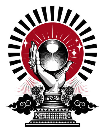 This stunning abstract illustration features a hand holding a crystal ball, set against a radiant red backdrop. It evokes mystique and creativity through its striking design.のイラスト素材