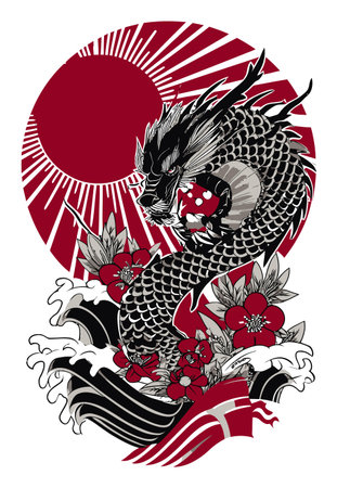 This vibrant illustration showcases a powerful dragon entwined with flowers and waves, set against a bold red sun, exuding elegance and strength in a traditional style.のイラスト素材