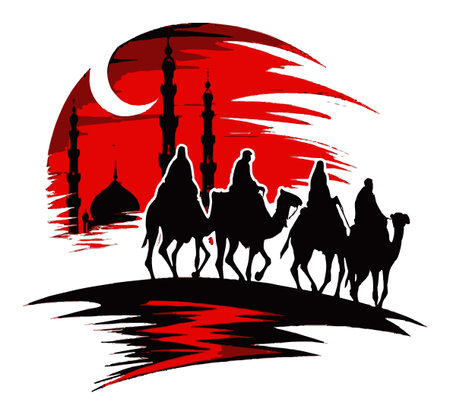 This vibrant illustration features camels journeying across a desert landscape at sunset, showcasing a stunning mosque silhouette against a red sky.のイラスト素材