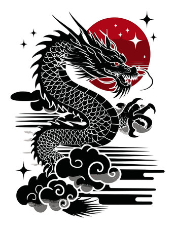 Striking black and red dragon illustration featuring a dynamic pose with clouds and a moon backdrop. Perfect for fantasy art and cultural themes.のイラスト素材