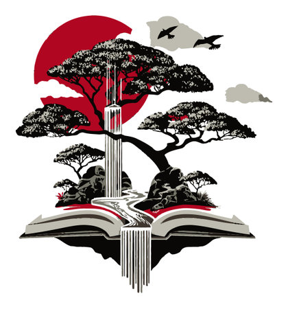 This vibrant abstract illustration features a book transformed into a serene landscape with a waterfall and tree, symbolizing growth and imagination.のイラスト素材