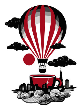 This vibrant illustration features a hot air balloon soaring above a coffee cup, creating a whimsical scene with bold colors and striking shapes. Perfect for art enthusiasts!のイラスト素材