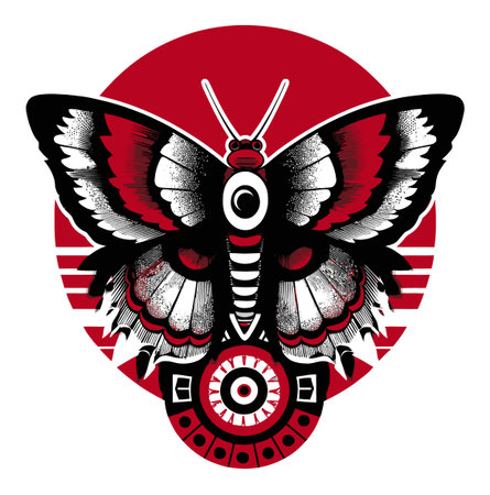 Stunning abstract illustration featuring a butterfly against a vibrant red background. The intricate design blends bold black and white elements, creating an eye-catching visual perfect for various artistic needs.のイラスト素材