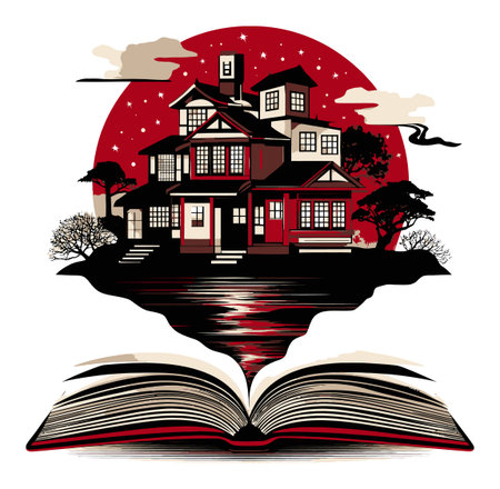 An enchanting abstract illustration depicting a house rising from an open book under a starry night, blending themes of imagination, storytelling, and nature.のイラスト素材