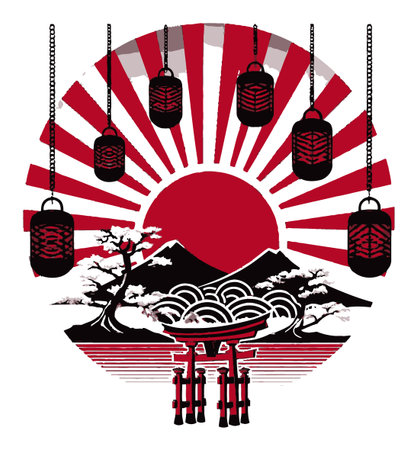 A captivating illustration of a traditional Japanese landscape featuring lanterns, a rising sun, and elegant scenery, embodying cultural beauty and tranquility.のイラスト素材