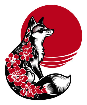 Captivating fox illustration featuring cherry blossoms against a bold red circle. This unique artwork combines nature with modern design, perfect for various creative projects.のイラスト素材