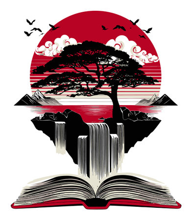 This vivid abstract illustration showcases a tree and waterfall emerging from an open book, symbolizing nature, imagination, and tranquility in harmonious design.のイラスト素材