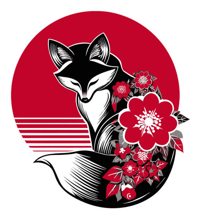 This vibrant illustration features a stylized fox adorned with beautiful flowers against a bold red backdrop, perfect for modern decor or artistic projects.のイラスト素材
