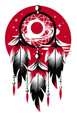 This abstract illustration features a dreamcatcher with celestial elements and detailed feathers, combining vibrant colors and artistic design to symbolize dreams and protection.のイラスト素材