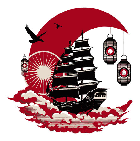 A stunning illustration featuring a traditional Japanese ship silhouetted against a bold red sun, complemented by lanterns and clouds, evoking cultural heritage.のイラスト素材