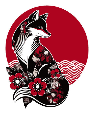 This captivating illustration features a stylized fox adorned with floral patterns set against a bold red background, showcasing beauty and artistic flair.のイラスト素材