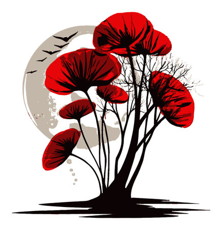 This striking illustration features vibrant red mushrooms beneath a moonlit sky, complemented by silhouetted trees and birds. Perfect for nature lovers.のイラスト素材