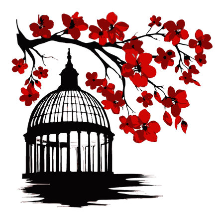 This captivating botanical illustration features a striking dome surrounded by vibrant cherry blossoms, showcasing a beautiful blend of nature and architecture.のイラスト素材