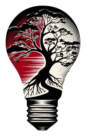 This abstract illustration features a stunning tree design encased in a light bulb, symbolizing growth and creativity. Ideal for eco-themed projects.のイラスト素材