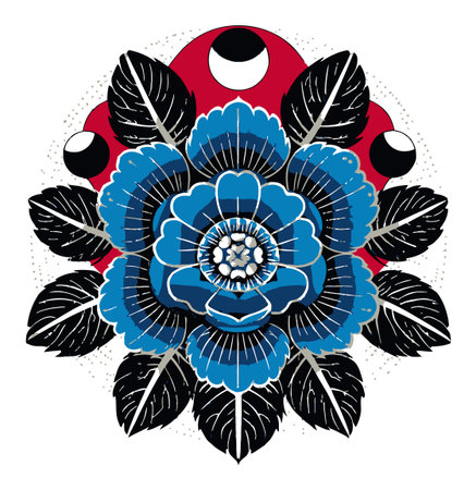 This vibrant abstract floral illustration features a blue flower surrounded by black leaves and geometric elements, perfect for modern art enthusiasts seeking bold decor.のイラスト素材