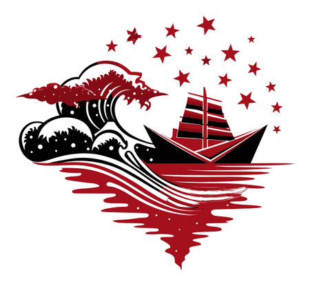 This abstract illustration features a dynamic nautical scene showcasing waves, a ship, and stars in striking red and black hues, perfect for modern decor.のイラスト素材