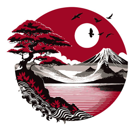 This abstract illustration showcases a stunning mountain landscape with a red sun, silhouetted trees, and birds in flight, evoking a sense of tranquility and beauty.のイラスト素材