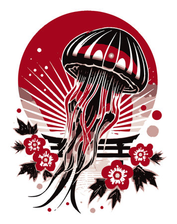 This vibrant abstract illustration features a stylized jellyfish surrounded by striking floral elements, combining bold colors to create a captivating visual experience.のイラスト素材