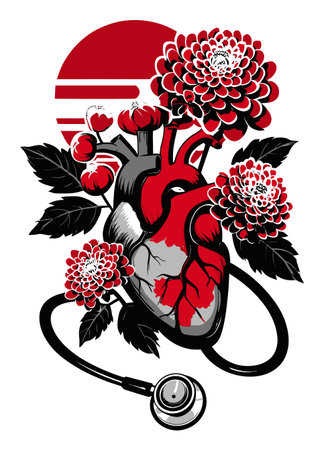 This striking illustration features a detailed heart entwined with vibrant flowers and a stethoscope, symbolizing the connection between health and nature.のイラスト素材