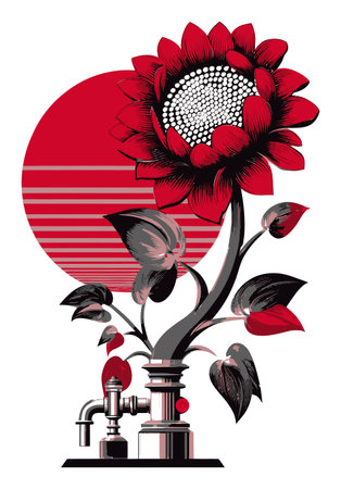 This vibrant illustration features a large sunflower emerging from a faucet, set against a bold sun backdrop. A unique blend of abstract art and nature.のイラスト素材
