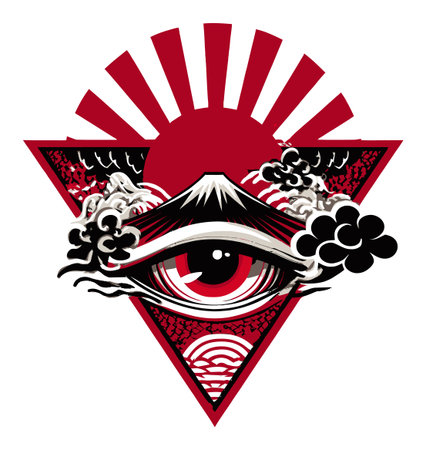 This striking abstract illustration features an eye with a mountain and sun, combining bold colors and dynamic shapes to create a unique visual experience.のイラスト素材