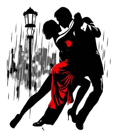 This artistic illustration captures a couple dancing passionately under a streetlamp in the rain, evoking romance and elegance through expressive silhouettes.のイラスト素材