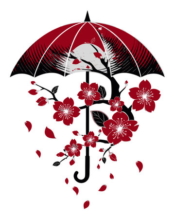 This striking illustration features an elegant umbrella adorned with vibrant flowers and petals, blending nature's beauty with an abstract artistic touch.のイラスト素材