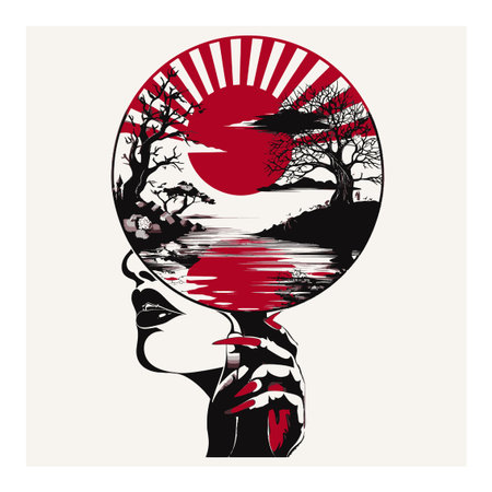 An abstract artistic illustration featuring a woman's silhouette merging with a serene landscape, showcasing a vibrant red sun and tranquil water reflections, emphasizing creativity and harmony.のイラスト素材