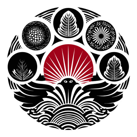 This striking abstract illustration features eagles and intricate patterns centered around a bold red sun, creating a captivating circular design.のイラスト素材