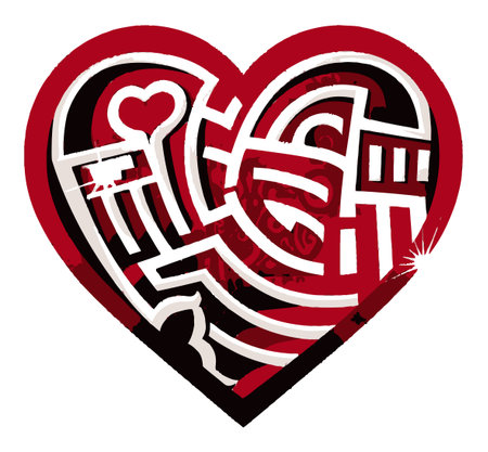 This unique abstract heart illustration features intricate patterns in red and black, perfect for celebrating love and creativity in your projects.のイラスト素材